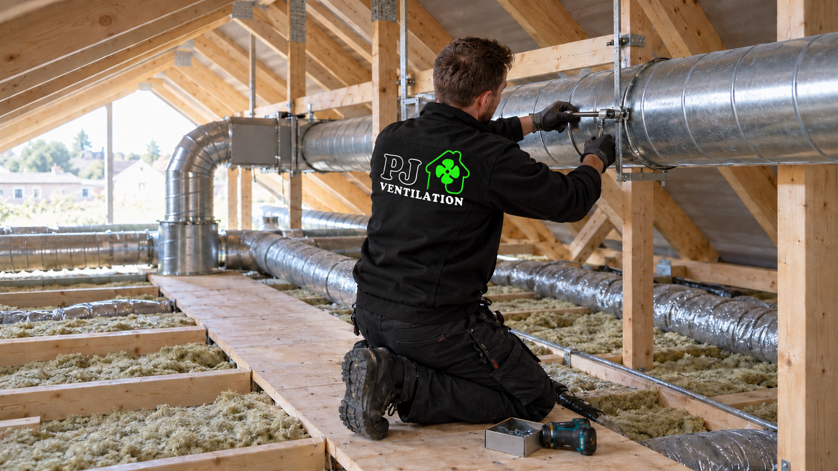 AI-genereret illustration af en PJ Ventilation-montør med ventilationsrør på et loft