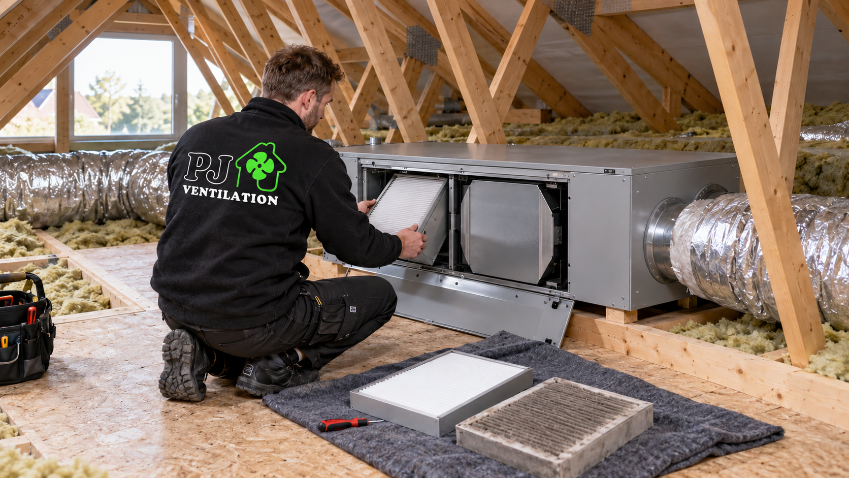 AI-illustration af en montør, der udfører service på et ventilationsanlæg på loftet